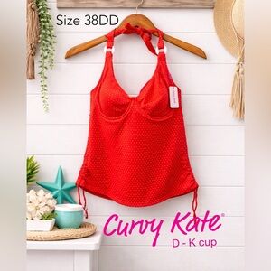 🌺🔥👙 NWT Curvy Kate Red Polka Dot Tankini Top 38DD Underwire Halter Retro Swim